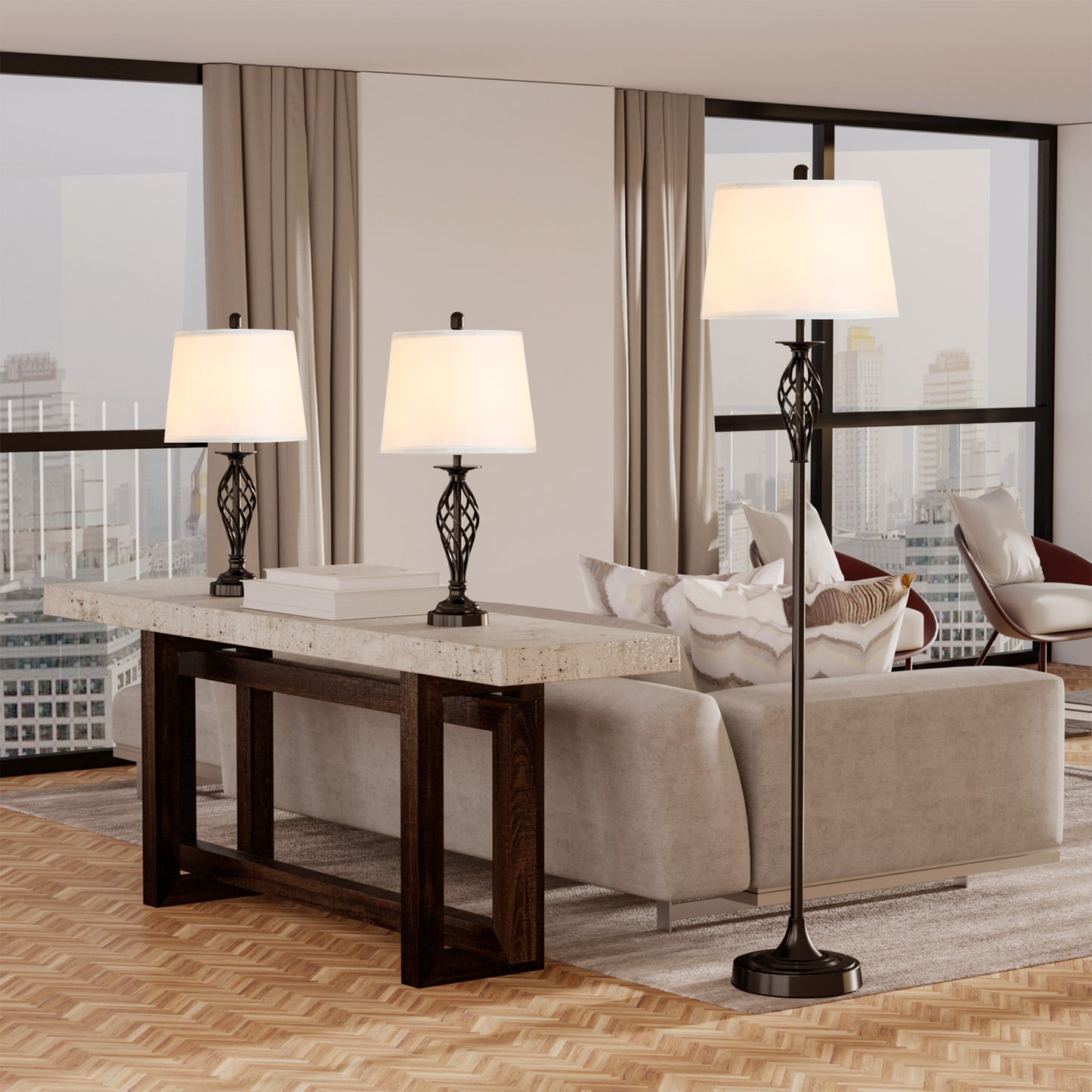 Floor lamp set 3-piece mid century fabric shade living room