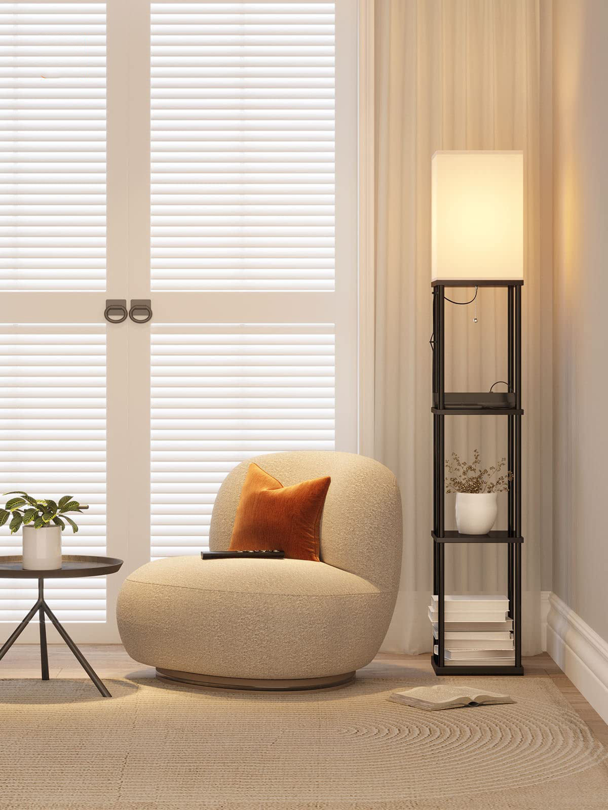 3-tier shelf floor lamp wood natural contemporary storage