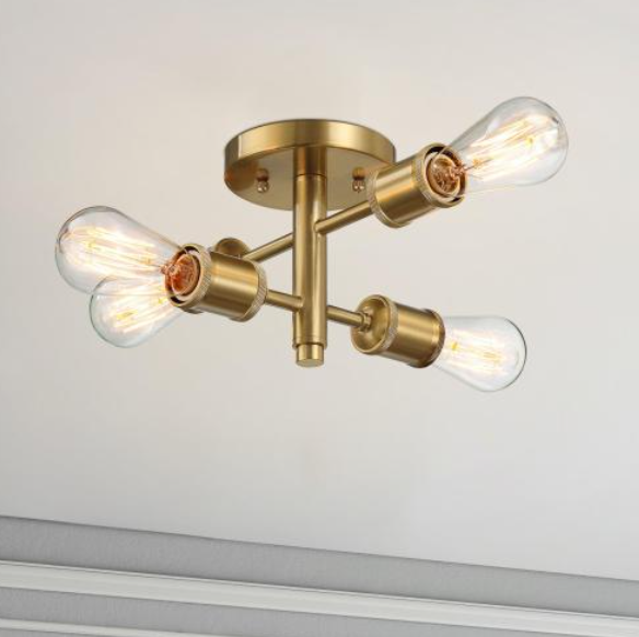 Semi flush mount chandelier 4-light retro gold hallway kitchen