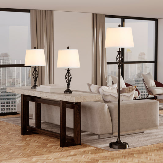 Floor lamp set 3-piece mid century fabric shade living room