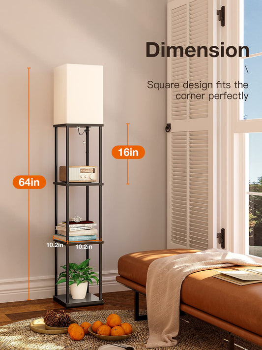 Wood floor lamp 3-tier storage shelf living room modern natural