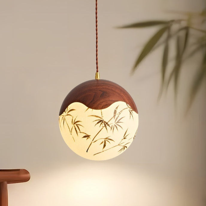 Mid century modern walnut ball pendant light - warm modern bedroom dining room